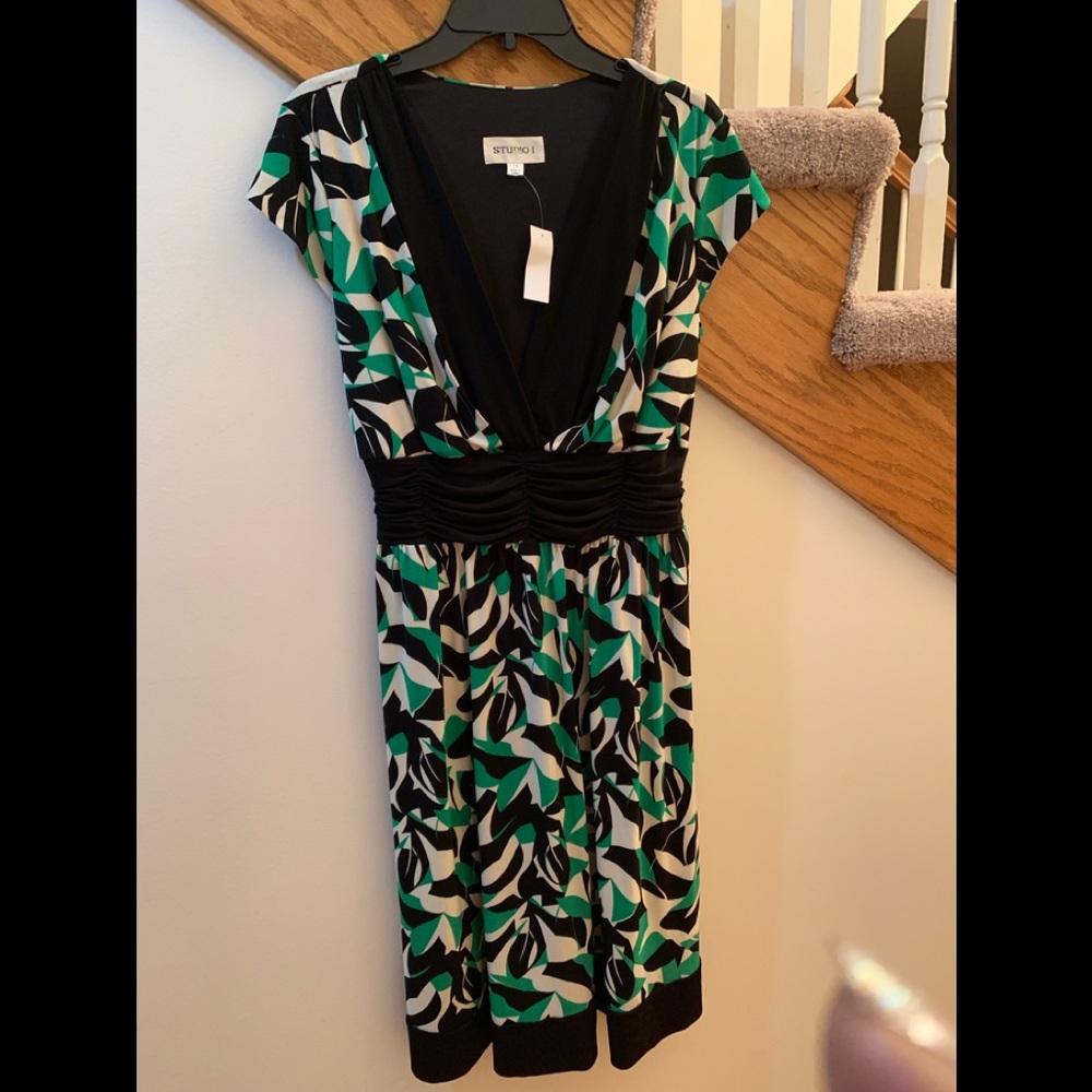 Green Black and White Stretchy Print Dress